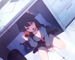 1girl black_boots black_choker black_hair black_horns black_serafuku black_skirt blue_archive boots breasts cabinet camera chiaki_(blue_archive) choker cleavage collarbone computer_keyboard curved_horns demon_girl demon_horns desk digital_camera dutch_angle dydldidl file_cabinet full_body game_cg hair_between_eyes halo headphones highres holding holding_camera horns indoors kneehighs long_hair looking_at_viewer medium_breasts multicolored_horns multiple_horns necktie office official_art on_floor open_mouth pencil_skirt pointy_ears pulling_own_clothes purple_eyes red_necktie school_uniform serafuku sitting skirt slit_pupils socks solo thighs tile_floor tiles trash_can two-tone_horns under_table very_long_hair wariza yellow_halo