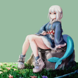 1girl absurdres arm_at_side arm_support blue_eyes blue_hair blue_hoodie blunt_bangs brass_knuckles closed_mouth commentary_request fins fish_tail full_body gawr_gura gawr_gura_(1st_costume) gradient_sleeves grey_hair hair_ornament high_tops highres hololive hololive_english hood hood_down hoodie long_sleeves looking_afar looking_ahead medium_hair multicolored_hair no_pants nymph_rhythm on_rock rock shark_hair_ornament shark_tail shoes sitting smile sneakers solo streaked_hair tail two_side_up virtual_youtuber weapon white_shoes wide_sleeves