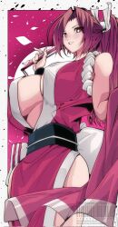 1girl bare_shoulders blush breasts brown_eyes brown_hair cleavage fatal_fury folded_fan folding_fan hand_fan high_ponytail highres holding japanese_clothes kinakomochi_(user_vedc2333) large_breasts long_hair looking_at_viewer ninja pelvic_curtain ponytail revealing_clothes shiranui_mai smile solo the_king_of_fighters thighs