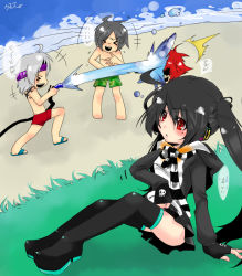 3boys bad_anatomy black_hair chibi child closed_eyes green_male_swimwear green_swim_trunks kaz kooh leaf_print lee_byung_hee male_focus male_swimwear max max_(pangya) multiple_boys nuri ocean pangya poorly_drawn print_male_swimwear print_swim_trunks print_swimsuit red_eyes red_male_swimwear red_swim_trunks summer swim_trunks swimsuit thighhighs twintails white_hair