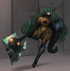 1girl ahoge arm_at_side arm_cannon arm_up axe bodysuit breasts candy censored clawed_feet covered_penis eyes_visible_through_hair eyewear_on_head food full_body futanari green_eyes green_hair hair_between_eyes highres holding holding_axe huge_ahoge impossible_bodysuit impossible_clothes large_breasts lollipop lollipop_in_mouth long_hair mechanical_tail mosaic_censoring original platinum1945 skin_tight standing standing_on_one_leg stone_wall tail very_long_hair weapon