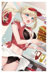 1girl black_bow black_bra black_panties blush border bow bow_panties bra breasts burger cameltoe cheese cleavage fang fast_food fingernails food hat highres holding holding_tray indoors ketchup_bottle lace lace-trimmed_bra lace-trimmed_panties lace_trim large_breasts lettuce long_hair miniskirt momi mustard_bottle nail_polish navel non-web_source open_clothes open_mouth open_shirt original panties pink_nails pleated_skirt popped_button red_hat red_shirt shirt short_sleeves sidelocks skin_fang skirt solo striped_clothes striped_shirt table tray twintails unbuttoned unbuttoned_shirt underwear vertical-striped_clothes vertical-striped_shirt visor_cap white_border white_skirt wing_collar