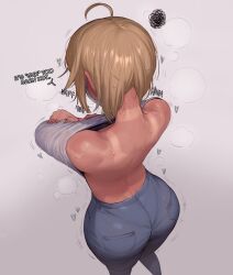 1boy ahoge ass back blonde_hair curvy denim facing_away from_behind highres huge_ass jeans joey_(krekkov) krekkov original pants shirt solo sweat trap undressing unworn_shirt wide_hips
