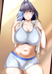1girl blue_eyes blue_hair blush bow bow_earrings breasts brown_background cellphone cleavage collarbone curvy drunktatsu earrings exercising eyelashes hair_between_eyes hair_intakes holding holding_phone holding_towel hololive hololive_english jewelry large_breasts looking_at_phone mirror navel ouro_kronii parted_lips phone reflection ribbon_earrings short_hair short_shorts shorts solo sports_bra stomach sweat sweaty_clothes thick_thighs thighs towel towel_around_neck virtual_youtuber workout_clothes