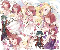 1boy 2girls angel_wings barefoot blonde_hair brown_hair buttons coat colored_skin daruizen demon_horns demon_tail double-breasted dress fake_halo fake_horns fake_tail fake_wings flower fuurin_asumi green_hair grey_skin hair_flower hair_ornament halo hanadera_nodoka hayashi_(kanzume) healin&#039;_good_precure holding holding_polearm holding_wand holding_weapon horns hug lapels long_hair looking_at_another looking_at_viewer multiple_girls multiple_views pants polearm precure purple_dress purple_eyes rabirin_(precure) red_coat short_hair sleeveless sleeveless_dress smile sundress tail trident vest wand weapon white_dress wings yellow_eyes yuri