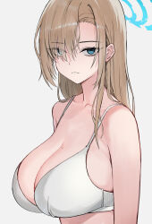 Rule 34 | 1girl, asuna (blue archive), blue archive, blue halo, bra, breasts, brown hair, closed mouth, collarbone, commentary, english commentary, eyes visible through hair, frown, grey background, hair over one eye, halo, highres, jason kim, large breasts, long hair, looking at viewer, mole, mole on breast, simple background, solo, underwear, upper body, white bra