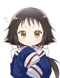 Rule 34 | 1girl, :&lt;, ?, blue shirt, blush, bow, brown eyes, brown hair, closed mouth, forehead, hair bow, highres, long hair, long sleeves, looking at viewer, low ponytail, mikakunin de shinkoukei, mitsumine mashiro, ponytail, sailor collar, school uniform, serafuku, shika (s1ka), shirt, simple background, sleeves past fingers, sleeves past wrists, solo, upper body, v-shaped eyebrows, white background, white bow, white sailor collar