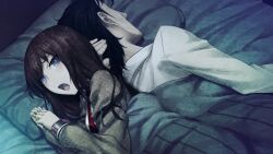 angry annoyed arm_belt back-to-back beard_stubble bed_sheet belt_buckle black_hair blush bracelet breasts brown_hair brown_jacket buckle coat collared_shirt dutch_angle facial_hair game_cg hair_between_eyes hair_over_shoulder hand_in_own_hair head_on_pillow highres huke jacket jacket_partially_removed jewelry lab_coat looking_at_another looking_back makise_kurisu messy_hair nape necktie non-web_source official_art okabe_rintarou open_mouth pillow pink_lips purple_eyes purple_trim red_background red_necktie ringed_eyes shiny_lips shirt short_hair sideburns sleeping_together small_breasts square_pupils steins;gate steins;gate:_my_darling&#039;s_embrace stubble under_covers watch white_coat white_shirt wristwatch yandere