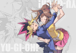 Rule 34 | 1boy, 1girl, absurdres, black hair, blonde hair, blue jacket, blue pants, brown hair, closed eyes, cowboy shot, dancing, high ponytail, highres, jacket, long hair, mazaki anzu, medium hair, multicolored hair, muto yugi, pants, pink skirt, ponytail, purple hair, shirt, skirt, spiked hair, yellow shirt, youchengyan, yu-gi-oh!, yu-gi-oh! the dark side of dimensions, zoom layer
