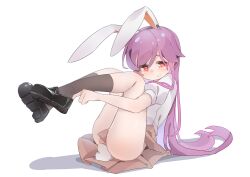 1girl absurdres adjusting_clothes adjusting_shoe animal_ears ass black_shoes black_socks brown_skirt floppy_ears full_body gumingdi_ban highres loafers long_hair looking_at_viewer moon_rabbit pleated_skirt puffy_short_sleeves puffy_sleeves purple_hair rabbit_ears rabbit_tail red_eyes reisen_udongein_inaba shirt shoes short_sleeves simple_background sitting skirt socks solo tail teeth touhou very_long_hair white_background white_shirt