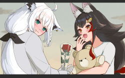 2girls ahoge alternate_costume animal_ear_fluff animal_ears averting_eyes black_hair black_ribbon blush braid closed_mouth commentary_request ears_down fang flower fox_ears fox_girl giving_flower green_eyes hair_ribbon hand_to_own_mouth highres holding holding_flower holding_teddy_bear hololive hololive_grand_theft_auto long_hair mia960 multicolored_hair multiple_girls ookami_mio open_mouth ponytail red_flower red_rose ribbon rose shirakami_fubuki shirt skin_fang streaked_hair stuffed_animal stuffed_toy teddy_bear upper_body virtual_youtuber wavy_mouth white_shirt yellow_eyes yuri