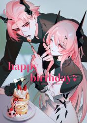 Rule 34 | 1boy, 1girl, absurdres, arknights, black dress, black horns, black shirt, blush, breasts, cake, candle, character name, cleavage, cleavage cutout, closed mouth, clothing cutout, collared shirt, commentary, cream, dress, earrings, eating, fingernails, food, food on face, fork, hair between eyes, happy birthday, highres, holding, holding fork, horns, jewelry, long hair, looking at another, mumumu (icelovecream00), one eye closed, open mouth, pink eyes, pink hair, plate, pointy ears, red eyes, shirt, short hair, theresa (arknights), theresis (arknights), turtleneck, white dress
