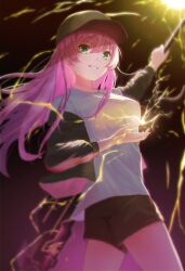 Rule 34 | 1girl, :d, absurdres, aikawa megumi, arm up, baseball cap, black hat, black jacket, black shorts, breasts, commentary, cowboy shot, electricity, electrokinesis, fighting stance, floating hair, flowingcrescent, green eyes, grin, hair between eyes, hand up, hat, heaven burns red, highres, holding, holding weapon, jacket, long hair, long sleeves, looking at viewer, medium breasts, open clothes, open jacket, open mouth, pink hair, shirt, shorts, simple background, smile, solo, underlighting, v-shaped eyebrows, weapon, white shirt