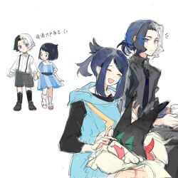 1boy 1girl amethio_(pokemon) black_hair black_shoes black_shorts black_socks blue_dress chinese_text closed_eyes closed_mouth dress highres jingshenhuanghu liko_(pokemon) meowscarada multicolored_hair nintendo open_mouth pink_shoes pokemon pokemon_(anime) pokemon_(creature) pokemon_horizons ponytail purple_eyes shoes shorts simple_background smile socks split-color_hair translation_request white_background white_hair white_socks