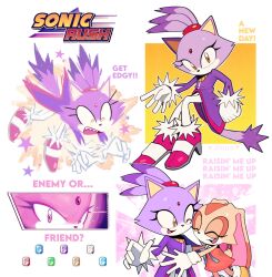 2girls animal_ears blaze_the_cat cat_ears cat_girl cat_tail coat commentary cream_the_rabbit english_commentary english_text furry furry_female high_heels highres hug janire_pat01 logo multiple_girls purple_coat sol_emerald sonic_(series) sonic_rush tagme tail white_background yellow_eyes