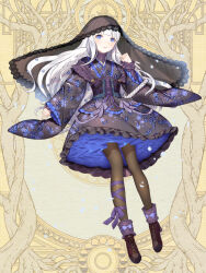 1girl angel_wings animal_print ankle_boots black_dress black_pantyhose black_veil blue_eyes blunt_bangs boots brown_boots butterfly_print corset dairoku_ryouhei dress dress_ribbon dress_shirt feathered_wings floral_print frilled_dress frilled_kimono frilled_shirt_collar frilled_sleeves frills full_body gothic_lolita hand_up japanese_clothes katana kimono kimono_skirt lace-trimmed_veil lace-up_boots lace_trim leg_ribbon lolita_fashion long_hair long_sleeves looking_at_viewer pantyhose petticoat purple_corset purple_ribbon purple_shirt ribbon sheath sheathed shichimi shirt short_dress smile solo standing sword veil very_long_hair wa_lolita weapon white_hair white_wings wings yellow_background