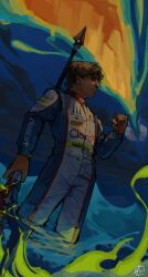 Rule 34 | 1boy, atmisuki, black eyes, blue background, brown hair, clenched hand, closed mouth, commentary, english commentary, formula 3, hand up, highres, holding, holding polearm, holding weapon, long sleeves, male focus, pirelli, polearm, racing suit, rafael camara, real life, short hair, signature, solo, sponsor, standing, trident, weapon