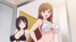 Rule 34 | 2girls, animated, ass, ayane shirakawa, bathroom, bikini, black bikini, black hair, breasts, brown eyes, brown hair, cleavage, highres, huge breasts, kotone shirakawa, large breasts, long hair, multiple girls, overflow (anime), short hair, smile, standing, swimsuit, video, video, white bikini