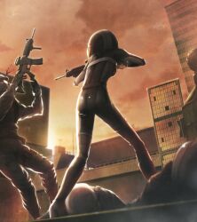 1girl 3boys aiming aiming_at_another amane_yuki ass assault_rifle bleeding blood blood_splatter bodysuit building check_weapon cloud corpse death falling fg204 firing from_behind game_cg gun hat helmet highres holding holding_weapon huke lying m4_carbine military military_hat military_uniform motorcycle_helmet multiple_boys non-web_source official_art on_rooftop outdoors rifle rooftop science_adventure sky spoilers standing steins;gate steins;gate_0 sunlight sunset time_machine weapon weapon_request