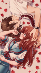 Rule 34 | 1boy, 1girl, 621 joker 123, asahina mikuru, blue sailor collar, blue skirt, brown eyes, brown hair, commentary request, couple, eye contact, hetero, highres, kita high school uniform, koizumi itsuki, long hair, looking at another, lying, necktie, on back, on side, red necktie, red ribbon, ribbon, sailor collar, school uniform, serafuku, shirt, short hair, short sleeves, skirt, summer uniform, suzumiya haruhi no yuuutsu, upside-down, watch, white shirt, wristwatch
