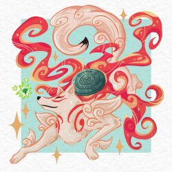 Rule 34 | amaterasu (ookami), animal, aqua background, artist request, cartoonized, fire, full body, ookami (game), smile, stylistic, tail, toon (style), wolf