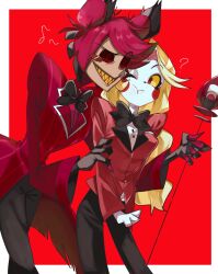 1boy 1girl alastor_(hazbin_hotel) black_hair blonde_hair bow bowtie cane charlie_morningstar clenched_hand colored_sclera commentary_request formal_clothes grin hazbin_hotel highres holding holding_cane honeko_06 long_hair multicolored_hair one_eye_closed pale_skin red_background red_eyes red_hair red_sclera sharp_teeth short_hair smile suit teeth