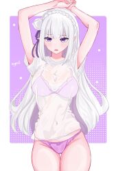 Rule 34 | 1girl, :o, arms up, blush, braid, breasts, crown braid, emilia (re:zero), flower, groin, hair flower, hair ornament, highres, kyouko (choco puddinq), large breasts, panties, pink background, pink eyes, pink panties, pointy ears, re:zero kara hajimeru isekai seikatsu, short sleeves, solo, underwear, white background, white flower