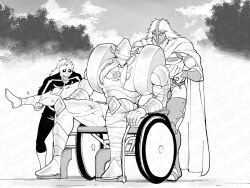 3boys akuma_shogun bandages horns kazeya_kazuya kinnikuman monochrome multiple_boys sitting sky twitter wheelchair