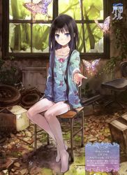 1girl absurdres bad_id bad_yandere_id black_hair blue_eyes bug butterfly chair collarbone feet female_focus highres insect kami-sama_no_memo-chou kishida_mel long_hair looking_at_viewer no_shoes outstretched_arm overgrown pajamas ruins shionji_yuuko sidelocks sitting solo thighhighs very_long_hair white_thighhighs window zettai_ryouiki