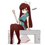 1girl animated aqua_eyes aqua_kimono artist_name black_hair black_pantyhose blush bow breasts chair cleavage closed_mouth collarbone crossed_legs diives english_text female_focus full_body hair_bow heart highres huge_weapon japanese_clothes kimono knees_together_feet_apart kuonji_ukyou leg_up long_hair looking_at_viewer looking_to_the_side medium_breasts open_mouth pantyhose ranma_1/2 sash short_sleeves signature simple_background sitting solo spatula spoken_heart spread_legs talking text_focus thighband_pantyhose upskirt video weapon white_background white_bow