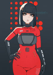 1chip_msx 1girl armor aurahack black_background black_gloves black_hair blunt_bangs bob_cut bodysuit breastplate breasts cowboy_shot crotch_plate d-pad elbow_gloves eyeshadow facing_viewer gloves grey_eyes hair_ornament hairclip hand_on_own_hip highres hitbit legs_together looking_at_viewer makeup mascara medium_hair microcomputer msx os-tan parted_lips personification red_bodysuit small_breasts solo sony sony_hitbit standing straight_hair thigh_gap watermark wide_hips