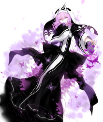 Rule 34 | 1girl, absurdres, bad id, bad pixiv id, black dress, bug, butterfly, covering own mouth, dress, female focus, hair between eyes, half-closed eyes, highres, insect, koumajou densetsu, koumajou densetsu 2, long sleeves, looking at viewer, pink eyes, pink hair, saigyouji yuyuko, sheya, solo, touhou, triangular headpiece, veil, wide sleeves
