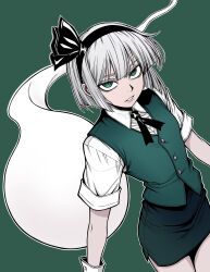 absurdres adapted_costume black_hairband black_ribbon ghost gloves green_background green_eyes green_skirt green_vest grey_hair hairband highres hitodama konpaku_youmu konpaku_youmu_(ghost) looking_at_viewer outline ribbon shirt short_hair short_sleeves simple_background skirt skirt_set smile touhou vest voyagehermitage white_gloves white_outline white_shirt