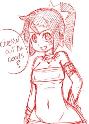1girl atlus bandeau breasts cleavage english_text etrian_odyssey hand_on_own_hip highres legs medium_breasts midriff monochrome navel open_mouth ponytail sarong shilleka sketch smile thick_thighs thighs tribal underboob wide_hips