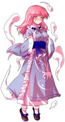1girl alphes_(style) blue_bow blue_sash blush bow breasts butterfly_print_kimono closed_mouth commentary_request dairi floating frills full-face_blush full_body hitodama japanese_clothes large_variant_set long_hair long_sleeves medium_breasts parody pink_eyes saigyouji_yuyuko sash shoes solo standing style_parody sweatdrop tachi-e touhou transparent_background variant_set wide_sleeves wink_hair