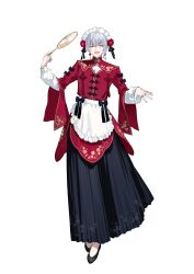 1boy :d absurdres apron black_ribbon black_shoes black_skirt boys_be_maid! chinese_clothes chinese_knot crossdressing crossdressing_(mtf) dress_shirt earrings embroidery flats floral_print flower frilled_apron frills full_body hair_between_eyes hair_flower hair_ornament hair_ribbon hand_fan hand_up highres holding holding_fan jacket jewelry kiku_shumei lantern_earrings layered_sleeves long_skirt long_sleeves looking_at_viewer maid maid_headdress male_focus male_maid mandarin_collar multiple_rings official_art open_mouth pankou pleated_skirt qi_maid red_flower red_jacket ribbon ring second-party_source shirt shoes short_hair single_sidelock skirt sleeve_bow smile solo standing tachi-e tangzhuang tassel tassel_earrings teeth transparent_background tuanshan ugonba_(howatoro) upper_teeth_only waist_apron white_apron white_hair white_shirt yellow_eyes