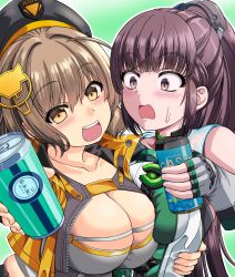 2girls absurdres ahoge anis_(nikke) beret black_hair blunt_bangs blush bodysuit breasts brown_eyes brown_hair can cleavage drink_can eve_(stellar_blade) fingerless_gloves gloves goddess_of_victory:_nikke hair_ornament hat highres holding holding_can impossible_clothes jacket large_breasts long_hair looking_at_viewer multiple_girls open_mouth ponytail sakurazaka_mirai short_hair skin_tight smile soda soda_can stellar_blade two-tone_bodysuit upper_body very_long_hair yellow_eyes