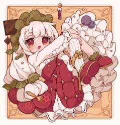 Rule 34 | 1girl, :d, asymmetrical legwear, blush, border, floating, food, frilled skirt, frills, fruit, green headwear, hand on own knee, highres, leaning back, long hair, long skirt, long sleeves, looking at viewer, open mouth, original, ornate border, reclining, red eyes, red footwear, red skirt, shirt, skirt, smile, solo, strawberry, tareme, tetolapis, white hair, white shirt