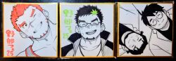 4boys akashi_(live_a_hero) bara belly birch_(pokemon) blush facial_hair gen_1_pokemon glasses goatee goatee_stubble highres kyoichi_(live_a_hero) lab_coat live_a_hero looking_at_viewer male_focus multiple_boys multiple_shikishi muscular muscular_male neroli_(pokemon) nintendo one_eye_closed osu_(osumankokuou) pectoral_cleavage pectorals photo_(medium) pokemon pokemon_sleep portrait red_eyes red_hair round_eyewear scar scar_on_face scar_on_nose shikishi short_hair snorlax stubble thick_eyebrows translation_request upper_body
