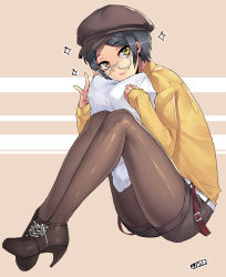 10s 1girl belt beret bespectacled black_hair black_pantyhose female_focus glasses hat hayami_kanade high_heels highres hugging_object idolmaster idolmaster_cinderella_girls jjune long_sleeves looking_at_viewer pantyhose pantyhose_under_shorts parted_bangs pillow pillow_hug shirt short_hair shorts sitting smile solo sparkle white-framed_eyewear yellow_eyes