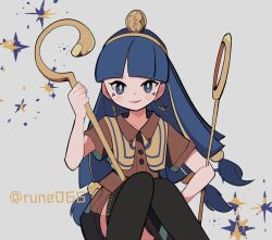 Rule 34 | 1girl, artist name, black thighhighs, blue eyes, blue hair, blush, brown shirt, brown shorts, buttons, capelet, collared shirt, earrings, facial mark, fossilized wonders, gold hairband, grey background, hair ornament, hairband, hand up, headpiece, highres, hime cut, holding, holding polearm, holding weapon, jewelry, key earrings, long hair, looking at viewer, low-tied long hair, michigami nareko, open mouth, polearm, rune066, shirt, short sleeves, shorts, sitting, smile, solo, star (symbol), star symbol background, striped capelet, thighhighs, touhou, v-shaped eyebrows, weapon, yellow capelet