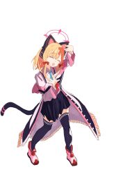 1girl ^_^ aliasing animal_ear_headphones animal_ears aqua_necktie arm_up black_coat black_skirt black_tail black_thighhighs blonde_hair blue_archive boots bow buttons cat_ear_headphones cat_ears cat_tail chestnut_mouth chinese_commentary clip_studio_paint_(medium) closed_eyes coat coat_partially_removed collared_shirt commentary_request fake_animal_ears fake_tail frilled_coat frills full_body hair_bow halo hand_up happy head_tilt headphones highres hood hood_down hooded_coat layered_sleeves liu_li_(258062940) long_sidelocks long_sleeves low-tied_sidelocks making-of_available medium_hair momoi_(blue_archive) multicolored_coat necktie open_clothes open_coat open_hands open_mouth palms parted_bangs pink_boots pink_coat pink_halo pink_hood pleated_skirt red_bow school_uniform shirt sidelocks simple_background skirt smile solo standing suspender_skirt suspenders tail teeth thighhighs upper_teeth_only white_background white_coat white_shirt wide_sleeves zettai_ryouiki