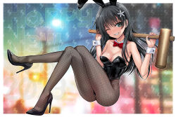 1girl 2023 40010prototype animal_ears black_footwear black_hair black_leotard blush bow bowtie breasts chinese_zodiac cleavage commentary_request crossed_legs detached_collar fake_animal_ears fishnet_pantyhose fishnets flower full_body grey_eyes grin hair_flower hair_ornament happy_new_year high_heels highleg highleg_leotard highres holding holding_mallet kine leotard long_hair looking_at_viewer mallet new_year one_eye_closed pantyhose patterned_background playboy_bunny rabbit_ears red_bow red_bowtie saten_ruiko small_breasts smile solo strapless strapless_leotard teeth toaru_kagaku_no_railgun toaru_majutsu_no_index wrist_cuffs year_of_the_rabbit