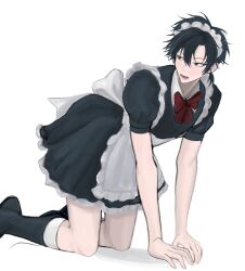 1boy all_fours alternate_costume apron black_boots black_dress black_eyes black_hair blush boots bow bowtie cheng_xiaoshi crossdressing cxsopenureyes dress enmaided frilled_apron frilled_dress frills full_body hair_between_eyes highres kneeling looking_to_the_side maid maid_apron maid_headdress male_focus open_mouth ponytail puffy_short_sleeves puffy_sleeves red_bow red_bowtie shiguang_dailiren short_hair short_ponytail short_sleeves simple_background socks solo trap white_apron white_background white_socks
