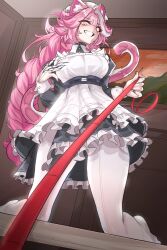 1girl alternate_costume alternate_hairstyle animal_ear_fluff animal_ears apron black_dress claw_(weapon) dress enmaided frilled_dress frills highres holding holding_leash hololive hololive_english indoors leash long_braid maid maid_apron multicolored_hair painting_(object) panther_ears panther_girl panther_tail pantyhose pink_hair pov raora_panthera rosuart solo streaked_hair tail teeth viewer_on_leash virtual_youtuber weapon white_apron white_hair white_pantyhose yellow_eyes