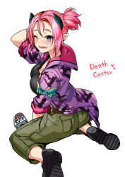 1girl animal_print arm_behind_head bat_print belt black_shirt breasts cargo_pants character_name demon_girl demon_horns duel_monster holding holding_microphone horns jacket large_breasts microphone muckraker_from_the_underworld one_eye_closed open_clothes open_jacket pants pink_hair pointy_ears ponytail purple_eyes sharp_teeth shirt shoes short_ponytail simple_background sitting solo teeth tsukinami_kousuke wariza white_background yu-gi-oh!