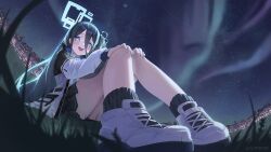 1girl absurdres aris_(blue_archive) aurora black_hair black_skirt black_socks blue_archive blue_eyes blue_necktie blush from_below hair_between_eyes highres jacket long_hair looking_at_viewer necktie night night_sky on_ground one_side_up open_mouth shirt shoes sidelocks sitting skirt sky socks solo syc2159 teeth upper_teeth_only white_jacket white_shirt white_shoes