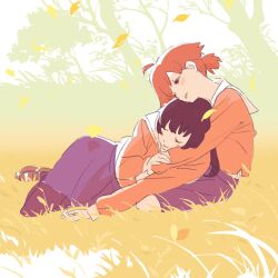 Rule 34 | 2girls, 55bata6rou, ahoge, autumn leaves, black hair, chin rest, closed eyes, full body, grass, head on head, head rest, highres, hug, koito yuu, leaf, long hair, long sleeves, lying on person, multiple girls, nanami touko, on grass, orange hair, outdoors, school uniform, short hair, short twintails, sitting, tohmi higashi high school uniform, tree, twintails, yagate kimi ni naru, yuri