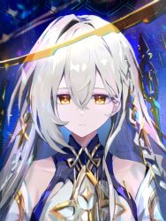1girl asymmetrical_bangs bare_shoulders braid bright_pupils closed_mouth detached_sleeves expressionless genshin_impact gold hair_between_eyes hair_ornament halo highres istaroth_(genshin_impact) jewelry long_hair looking_at_viewer luta_(luta_1013) single_hair_intake solo star_(symbol) upper_body white_hair white_pupils yellow_eyes