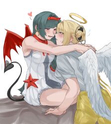 2girls absurdres angel_and_devil arms_around_neck astra_yao black_hair blonde_hair blush commentary demon_tail dress earrings evelyn_chevalier eye_contact feathered_wings hair_bun halo heart highres hoop_earrings jewelry long_hair looking_at_another multiple_girls pants pink_eyes purple_eyes shirt short_dress short_sleeves simple_background sweat tail white_background white_dress white_shirt wings xy_424 yellow_pants yuri zenless_zone_zero